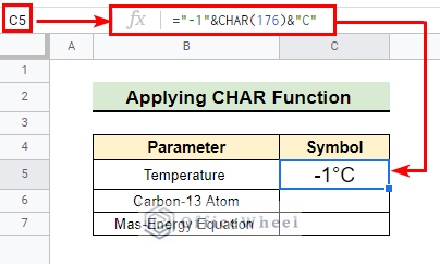 Temperature value inserted in cell C5